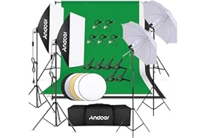 Andoer Studio Fotografico Kit di Illuminazione, kit incluso sfondo 1,8 m * 2,7 m, Sistema di Supporto per Sfondo, Fotografia Riflettore, luce soffusa Ombrello, Softbox, 45W 5500K Lampadina