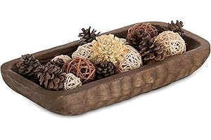 Hanobe Cuenco decorativo de madera para masa: centro de mesa de madera, decoración de mesa, portavelas natural, decoración rústica marrón torneado a mano, centros de mesa para comedor y cocina, 16.5