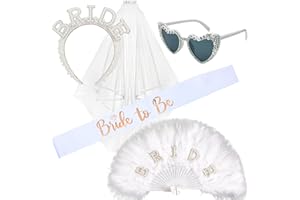 YEALUUSOON Bride to Be Hen Do Set - 5 Piece Wedding Accessories Kit with Pearl Headband,Veil,Sash & Feather Fan,White Bridal Party Present Box for Women