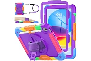 SEYMAC stock Case for iPad 10th Generation 10.9 Inch 2022, Full-Body Drop Protection with Screen Protector, Rotating Stand/Hand Strap & Pencil Holder for iPad 10 Case A2696/ A2757/ A2777, Camo+Purple