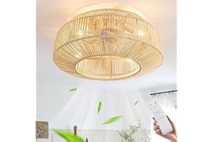 ‎MIIR Deckenventilator Mit Beleuchtung E27 Vintage Rattan Bambus Deckenventilator Mit Fernbedienung Leise Deckenlampe Mit Ventilator 6 Windgeschwindigkeiten Lampe Mit Ventilator Für Wohnzimmer Esszimmer