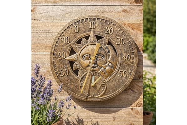 garden mile® Horloge Murale Vintage Soleil et Lune Effet Bronze - Jardin Étanche et Résistante Aux Intempéries - Décorative pour Intérieur ou Extérieur