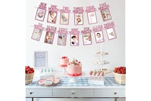 ZERCART 1st Birthday Baby Banner - Baby Photo Bunting Newborn 12 Month Pink Photo Garland, Baby Milestone Photo Banner First Birthday Decorations for Baby Newborn Recording Baby'S Growth in 12 Months