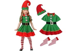 RAOPUZI Disfraz Elfo Niña Niño Traje Navideño de Duende Disfraz de Elfa para Niños Niñas Conjunto de Elfos Vestido Verde Y Rojo con Gorro Y Medias Disfraces Ropa de Fiesta Escolar Y Espectáculos de Santa