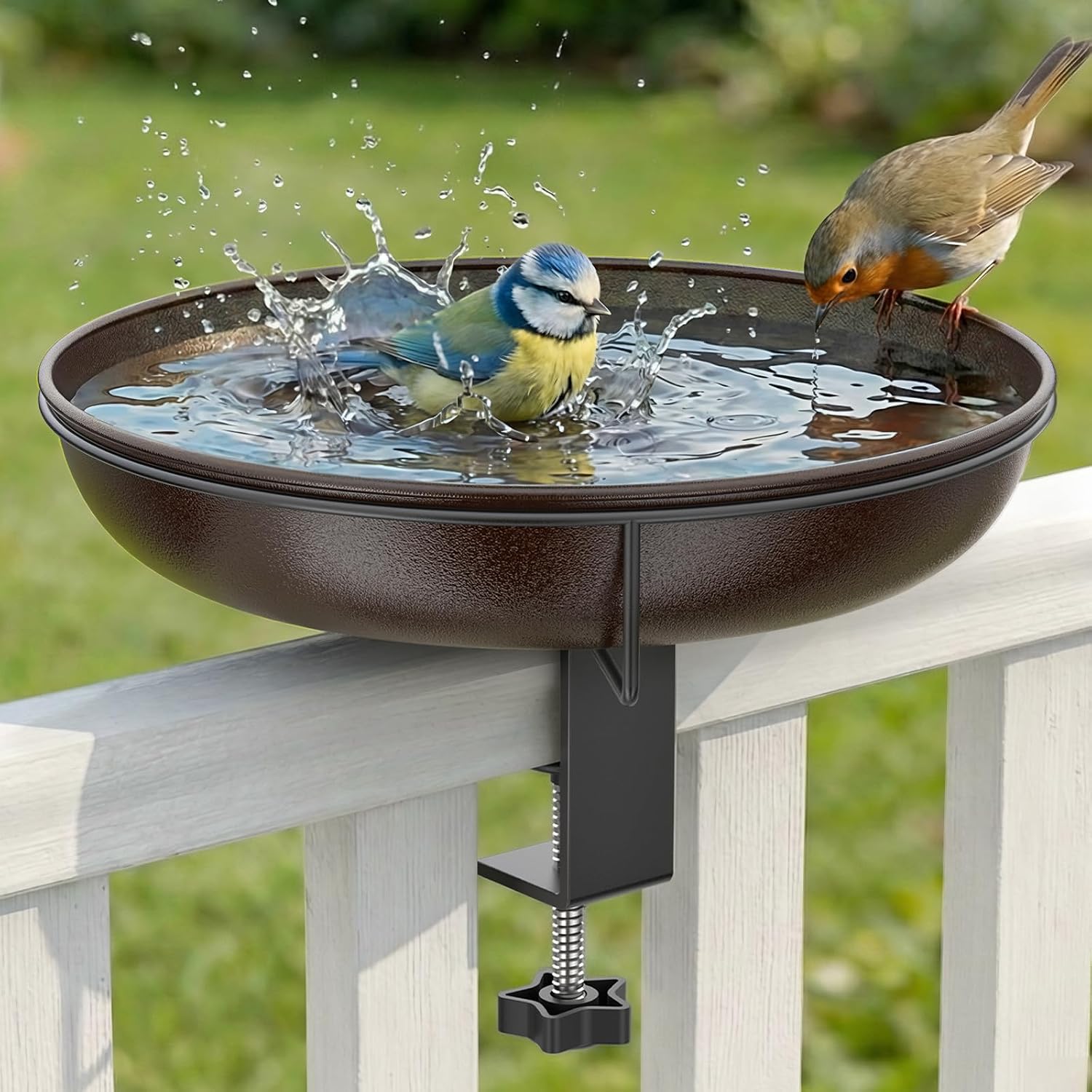 WELDUN Bebedero para pájaros colgante para barandilla de balcón, diámetro de 26 cm, baño de pájaros antiguo, jardín para pájaros silvestres, revestimiento de invierno, cuenco de agua, bañera para
