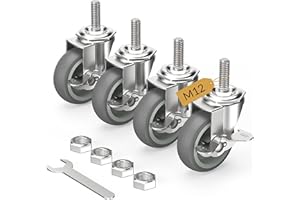 HOLKIE Lenkrollen 75mm (3 Zoll) mit Bremsen Möbelrollen Transportrollen, M12 x 1,75 x 30mm (Schaftdurchmesser 12mm, Schaftlänge 30mm) Schwerlastrollen Gummirollen 4er Set Rollen für Möbel Grau