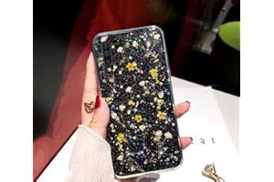Herbests Kompatibel mit Samsung Galaxy A50 Hülle Getrocknete Blumen Glänzend Bling Glitzer Handyhülle Transparent Silikon Weich Ultra Dünn TPU Schutzhülle Crystal Case Stoßfest Tasche,Gelb
