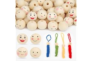 ROYUEXT 80 Stück Holzperlen mit Gesicht, Lächelndes Gesicht Kopf Perlen 20 mm mit Loch für Crafting Sorgenwürmchen, Natürliche Rund Perlen umfassen 4 Stile