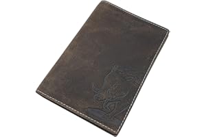 MYLEDERSHOP Porta carte d'identità pelle di bufalo con cervo- o cinghiale motivo in marrone