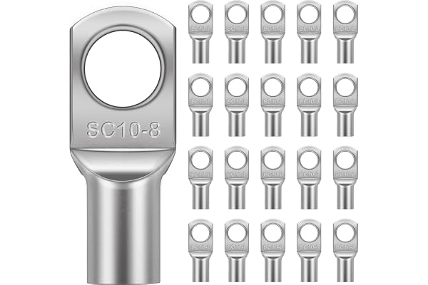 Flintronic 20 Pièces Cosses Tubulaires 10mm² M8, Cosses Annulaires, Cosse à Sertir a Oeil à Anneau, Cosse Electrique Plate, Œillet en Cuivre Étamé pour Voiture
