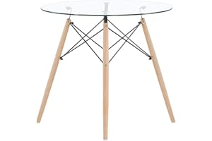 EGGREE - Mesa de comedor de cristal redonda, mesa de cocina escandinava, diseño de patas de madera y marco de metal, 80 x 80 x 75 cm
