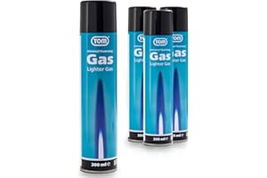 TOM 4 x Feuerzeuggas 300 ml - Kartusche zum nachfüllen für Feuerzeug - Flam-bierbrenner, Sturmfeuerzeug, Stabfeuerzeug & Co. – mit 6 x Adapter für Feuerzeug – Lighter Gas – Nachfüllgas