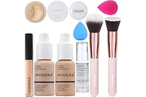 HILARECO PHOERA Fond de Teint Couvrant Et Face Primer Liquide Couverture Complète Foundation PHOERA Correcteur,PHOERA Poudres,Pinceaux Fond de Teint Et Pinceau Poudre (102 Nude + 104 Buff Beige)
