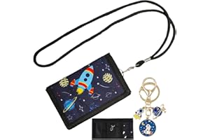Noaxylic Monedero Niño, Patrón de Cohete con Cordón para el Cuello y Llavero, 8 x 12 cm Cartera Niño, Triple Billetera Plegable, Cartera Adolescente Chico, para Niños Regalos de Cumpleaños(Azul)