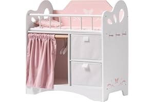 ROBOTIME Łóżeczko dla lalka, drewniane łóżko z szafką do przechowywania i pościelą, meble, akcesoria i pościel, kostiumy dla lalek poniżej 56 cm, dla malutkich od 3 lat