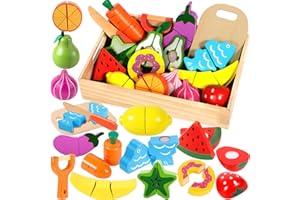 SaiXuan Set di Giochi in Legno per Bambini, Frutta da Tagliare Giocattolo, con Pelapatate/Coltello in Legno/Tagliere, Cibo Finto per Cucina, Ideale Regalo per Bambini dai 3 Anni