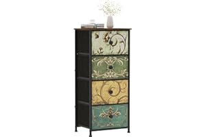 VEDECASA Chest of Drawers Bedroom Fabric Dresser with 4 Drawers Vintage Narrow Tall Tower Unit Organiser for Closet Living Room Bedroom Halfway Sturdy Metal Frame Wooden Top Easy Pull