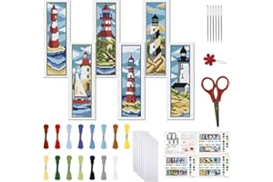 FREEBLOSS - Juego de 6 kits de punto de cruz con instrucciones, patrón de paisaje de faro para principiantes, kit de fabricación de marcadores para regalo