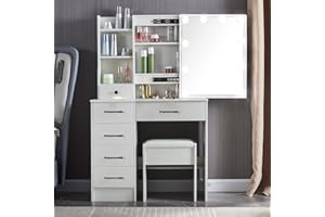 Saihemei Dressing Table with LED Lights, Makeup Table with Brightness Adjustable Mirror, 3 Lighting Modes Vanity Desk with Stool for Girls