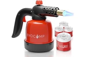 EVOCAMP Gasbrenner Klein 1,3 kW, Flambierer Küchenbrenner, Lötlampe mit Piezozündung, Bunsenbrenner für die Küche, Grillanzünder, Max. Temperatur 1300°C, mit 4 Stück 190g Gaskartuschen