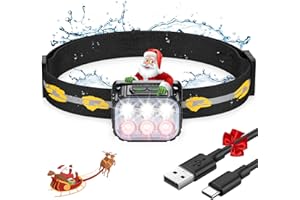 ISEYOU Head Torch Rechargeable, Super Bright Ultralight Headtorch with Red Warning Light, 6 Light Modes, IP65 Waterproof, Running Head Torch for Adults/Kids, 36 Hrs Runtime for Fishing, Camping