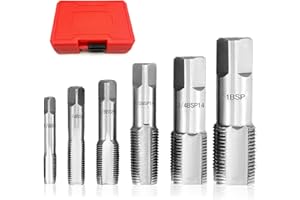 Hengrongshen 6 Pièces Tarauds à Tube BSP 1/8, 1/4, 3/8, 1/2, 3/4, 1" en Acier au Carbone pour Filetage Précis, Différents Types de Tuyauterie, Mécanique et Bricolage, avec Boîte