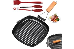 PRITOK Poêle à griller ondulée en fonte pour induction avec manche en bois pliable, poêle en fonte rectangulaire antiadhésive pour tous types de feux, 24 x 24 cm