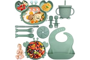 Kinyoda Talerz dla niemowląt zestaw 10 zestawów posiłków dla niemowląt, miska i łyżka dla niemowląt, silikonowy śliniaczek dla niemowląt, talerz z przyssawką dla niemowląt, zielony