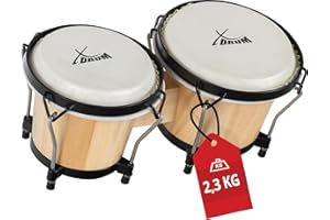 XDrum PERC Bongos Club Bordeaux - 2 tambours de 6" et 7" - Bongos avec peaux naturelles accordables et clé d’accord - Tambours en bois naturel