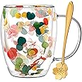 Gifts for Women Dried Flowers Double Wall Glass Coffee Mugs Cute Glass Tea Cups with Handles Christmas Birthday Gifts for Best Friend Teacher Mum Gifts New Home Gift Ideas Autumn Mug Home Decor