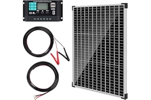 【50W Placa Solar 12V Kit】DERUXI Panel Solar Mono de 50 Watt 12V Set: Placa Solar 50W, Regulador de Carga de 10A, 4 PCS Cable Solares, Placas Solares para Casa kit Completo, Vehículos,Techos, Barcos