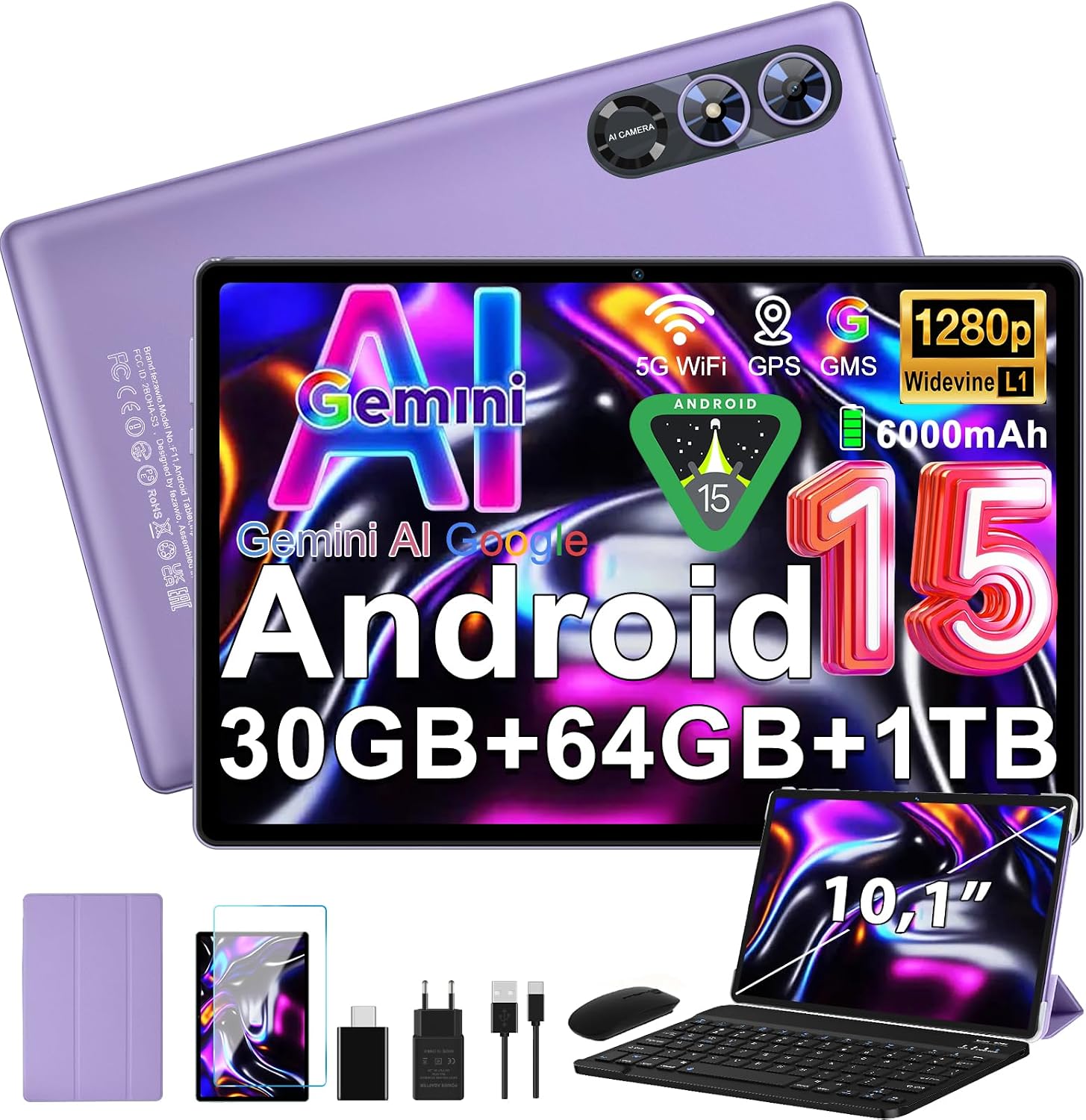 fezawio Android 15 Tablet 10 Pulgadas Gemini AI, Tablet PC Octa-Core, 30 GB RAM + 64 GB ROM (1TB TF), 3.5mm Audio/GMS/WiFi 6 & BT 5.0 / 6000mAh / GPS/Widevine L1, Tableta con Teclado-Morado