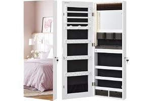 SONGMICS Väggmonterat smyckeskåp, organisatör med LED-lampor, förvaringsskåp, med ramlös spegel, inbyggd sminkspegel, 2 lådor, låsbar, vit JJC013W01