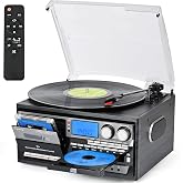 Trynnay Tocadiscos 10 en 1 de Estilo Vintage con Control Remoto Negro | Altavoces integrados, BT In/Out, AM/FM, 3 velocidades