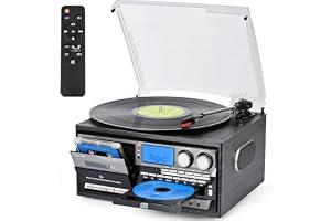 Skivspelare 10-i-1, CD-, kassett- och AM/FM-radiofunktion, Bluetooth in- och utgång