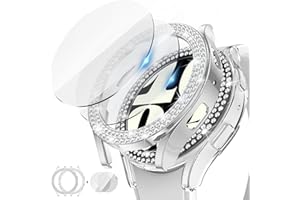 [2+2Pack] Kamita Diamond Case Compatible with Samsung Galaxy Watch 6 40mm, 2 Bling Hard PC Bumper Case+2 9H Tempered Glass Screen Protector Glitter Protective Cover for Galaxy Watch6 (Clear+Silver)