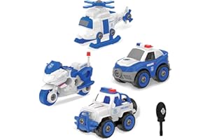 VoMii 4 in 1 Auto Spielzeug ab 3 Jahre, DIY Montage Spielzeug mit Schraubendreher, Polizeiautospielzeug, Streifenwagenspielzeug, Motorradspielzeug, Flugzeugspielzeug, Geschenk für Jungen (Polizeiauto)