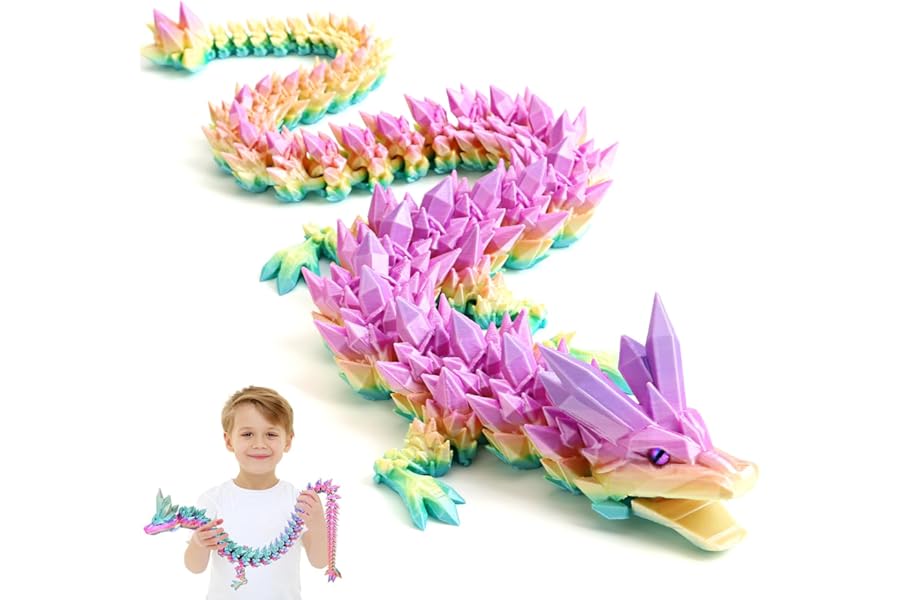 3D Printed Dragon Toys with Eyes - 24 inches Dazzling Gradient Crystal Wyrm, Bendable and Flexible Big Fidget, Articulated Gem Serpent Figure for Home Office Decor, Easter Gifts for Kids