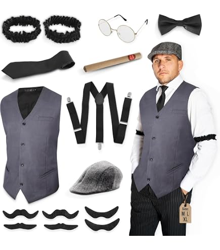 Costume Anni '20 WIDMANN MILANO - Set 4 Pezzi Gatsby: Cappello, Cravatta, Baffi Finti E Sigaro