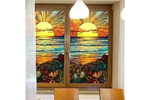 Hodeffior Reusable Seaside Sun Window Film UV Protection Anti Glare Heat Control Energy Saving Stained Glass Window Film 45 x 100cm One