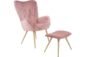 Albatros sedia ad ala con sgabello YORK, rosa, rivestimento in velluto, comoda imbottitura, poltrona TV, poltrona imbottita