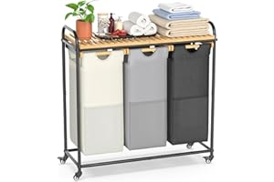BambooHomie Wäschekörbe 3 Abschnitt, Wäschesortierer mit entnehmbarem Regal und herausziehbaren Taschen, Wäschekörbe mit Rollwagenkorb für Waschküche Badezimmer, 3 x 40 L (Schwarz Weiß Grau)