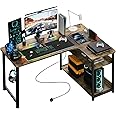 COMHOMA L Shaped Gaming Desk with Power Outlets Corner Computer Desk 110x80CM with Shelves Headphone Hook PC Table Workstation for Home Office Bedroom (Brown, 110CM)