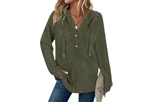 SYPHIBY Hoodies for Women Ladies Jumpers Long Sleeve Tops Drawstring Button V Neck Casual Pullover Sweatshirt Spring Autumn Winter Tunic Clothes