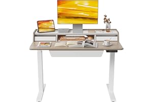 FEZIBO Standing Desk with 3 Drawers Storage Shelf, 120 * 60cm, Splice Board, White Frame/Light Walnut Top