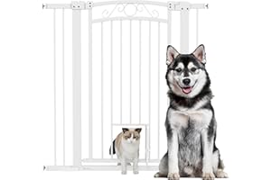 PawHut Cancelletto di Sicurezza per Cani da Interno, Cancelletto per Cani con 2 Estensioni 76-104 cm e Porta per Gatti, Cancello per Cani Animali Domestici Alto 106 cm, per Corridoio e Scale, Bianco