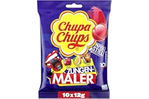 ‎CHUPA CHUPS Chupa Chups Zungenmaler Lutscher, Nachfüllbeutel 10 Stück, Cola, Kirsch, Orangen-Geschmack, Färben die Zunge, ohne künstliche Farbstoffe, geeignet für Geburtstag, 10 x 12g