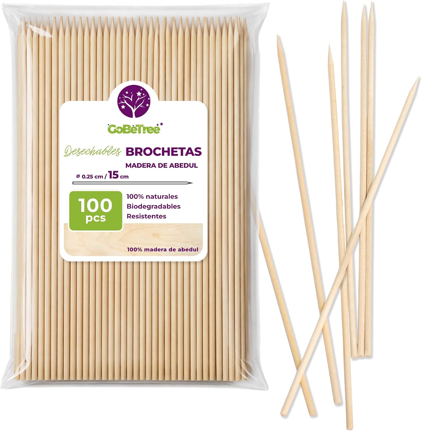 100 Pinchos de Madera de Abedul 15 cm x 2,5 mm | Palillos Extra Resistentes para Brochetas, Barbacoa, Carne y Frutas | Palos Ecológicos Multiusos para Manualidades
