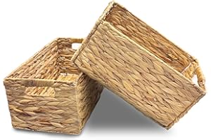 Aluusy Juego de 2 Cestas Almacenaje Tejidas a Mano, Cestas de Almacenamiento Tejido con Jacinto de Agua Natural 32-23-19cm, Cestas con Asas, Organizadora para Baño Estanterías Casa