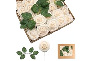 YAYAFUNFUN 25 rose artificiali champagne, rose artificiali in schiuma con steli, 4 foglie, fiori artificiali per matrimoni, bouquet da sposa, torte, pietre tombali, centrotavola, baby shower, decorazioni funebri